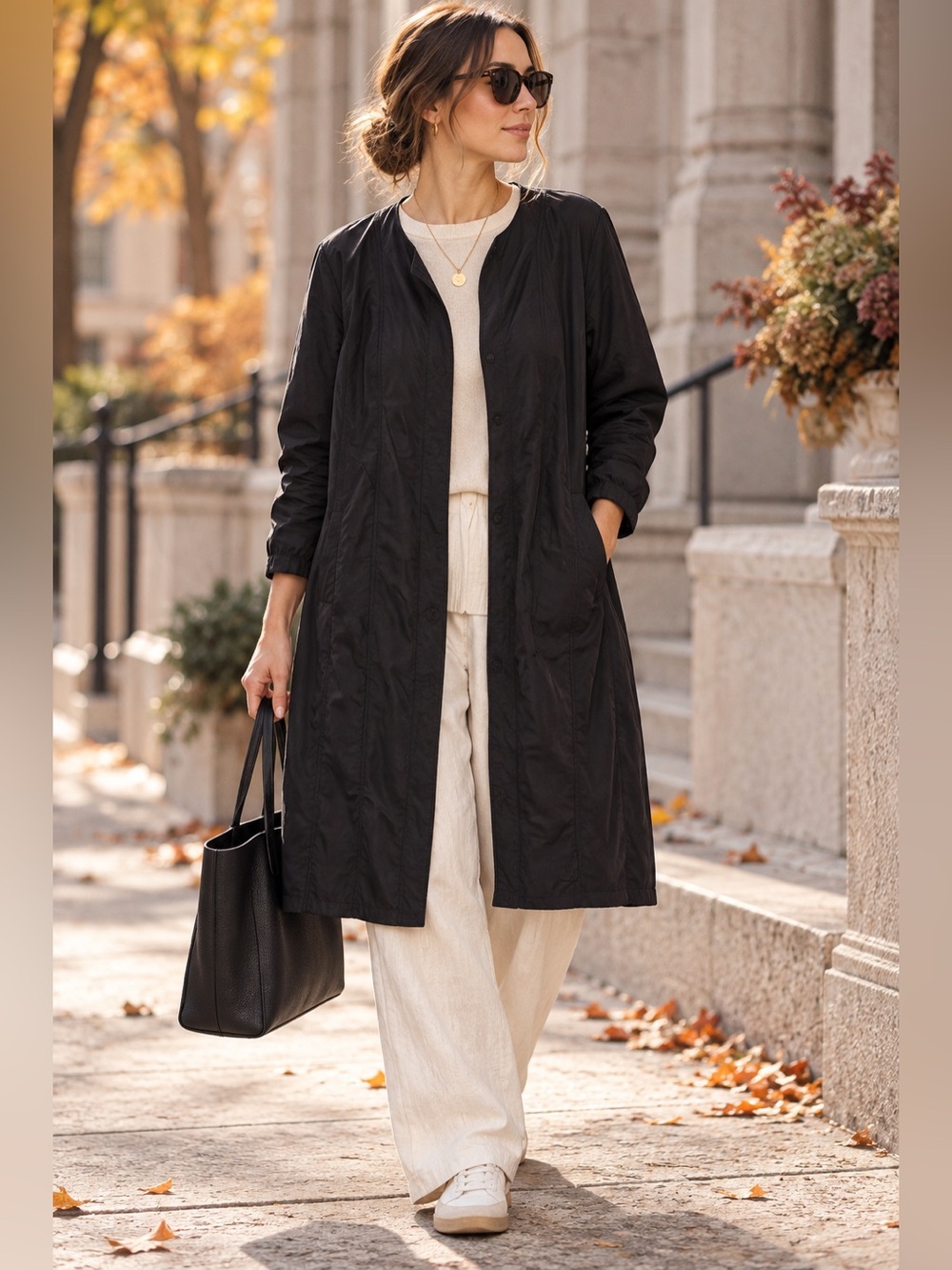 Eileen Fisher Black Organic Cotton Nylon Long Lightweight Coat Jacket L